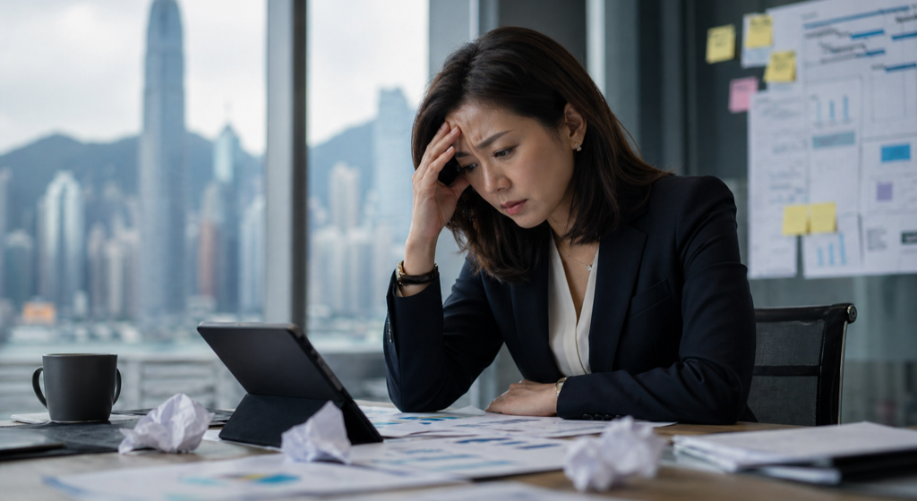 Hong Kong management executive under pressure while reviewing a failed project